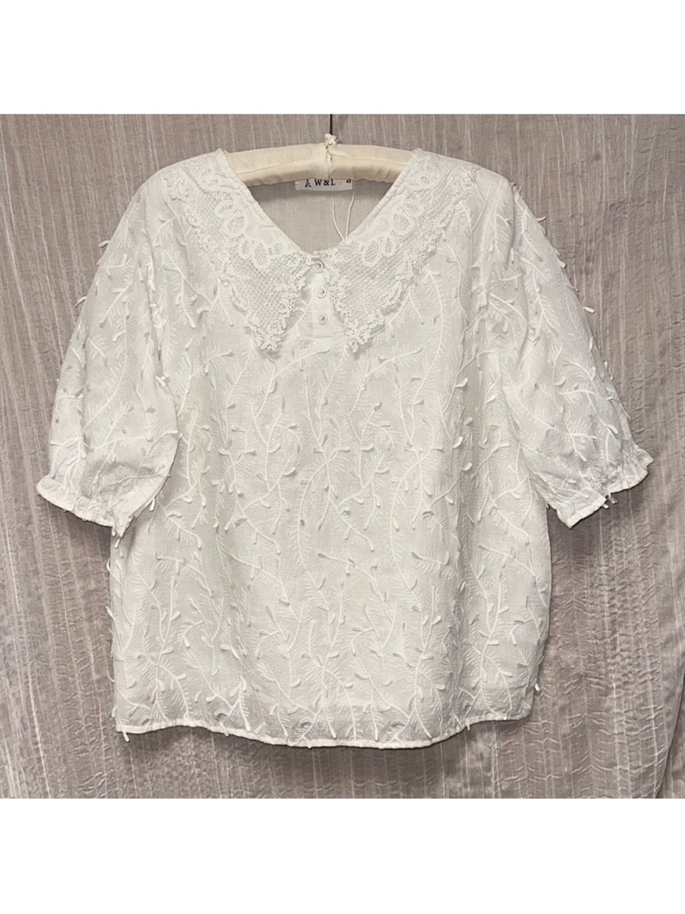W & L M Cotton Blend White Preppy Lace Crochet Collared Short Sleeve Blouse